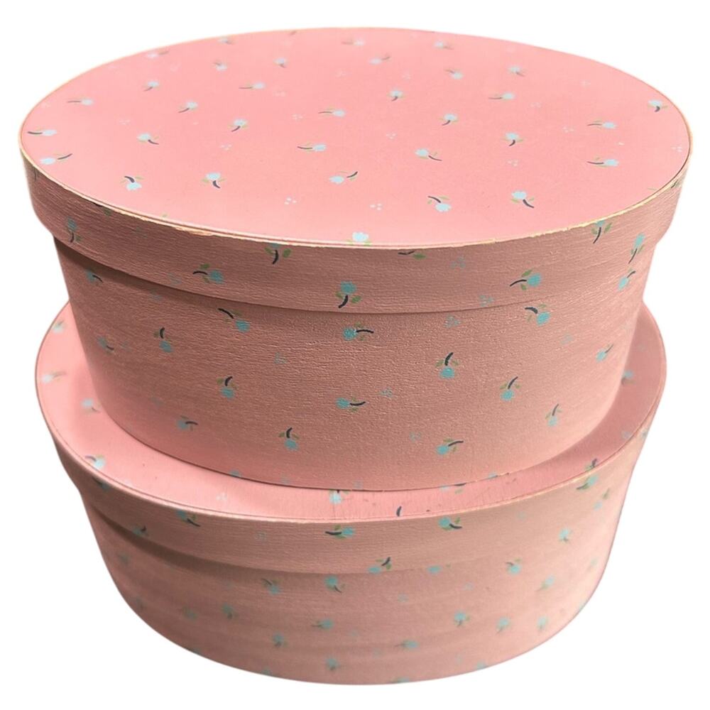 VINTAGE boxes - blush berry pink with hand painted tulips- set of 2 cottage